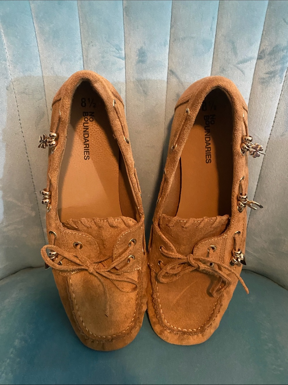 No Boundaries Tan Faux Suede Moccasin Loafers with Bow and Floral Metal Accents
